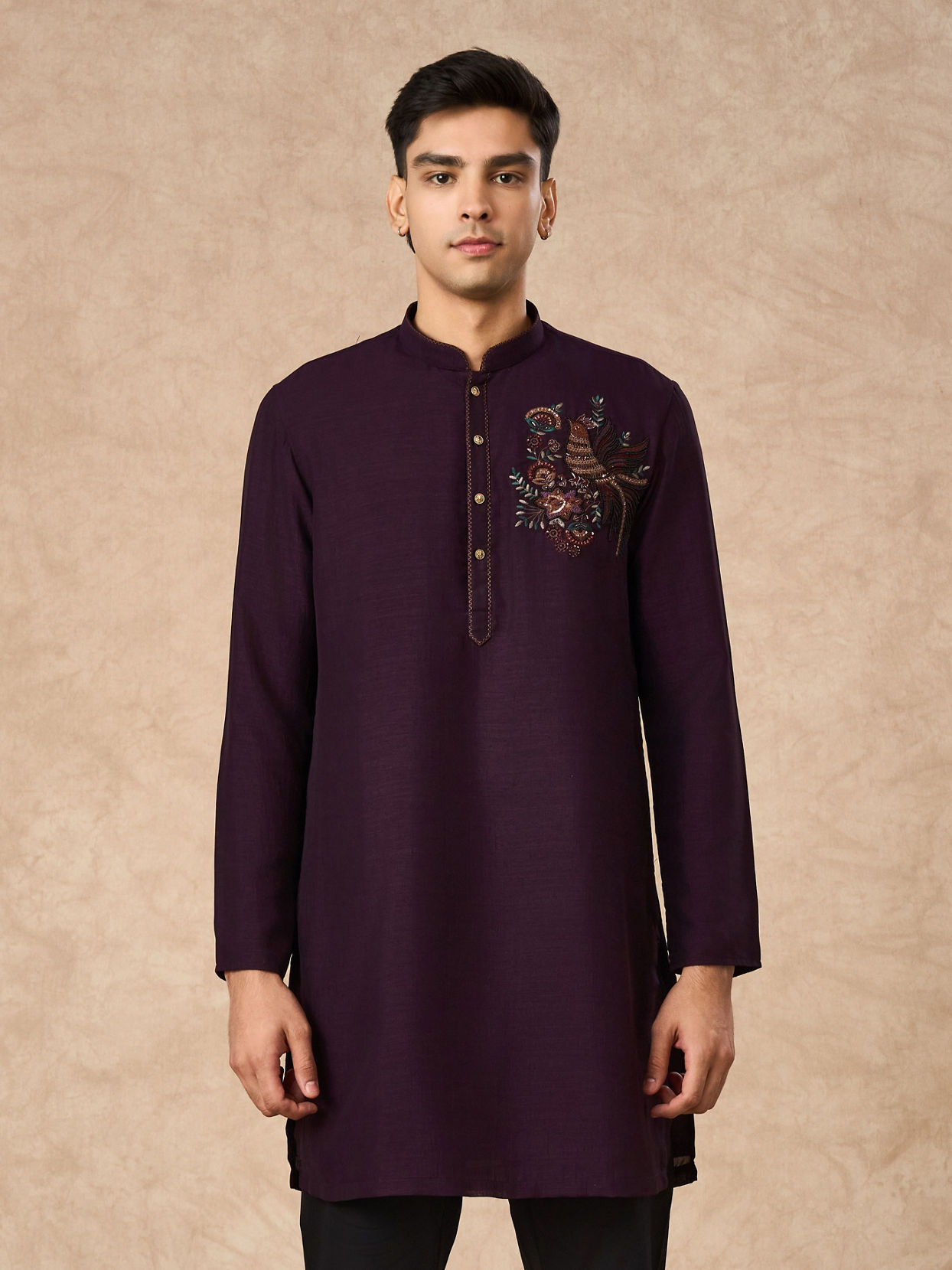 Manyavar Men Purple Art Silk Kurta Pant with Embroidery