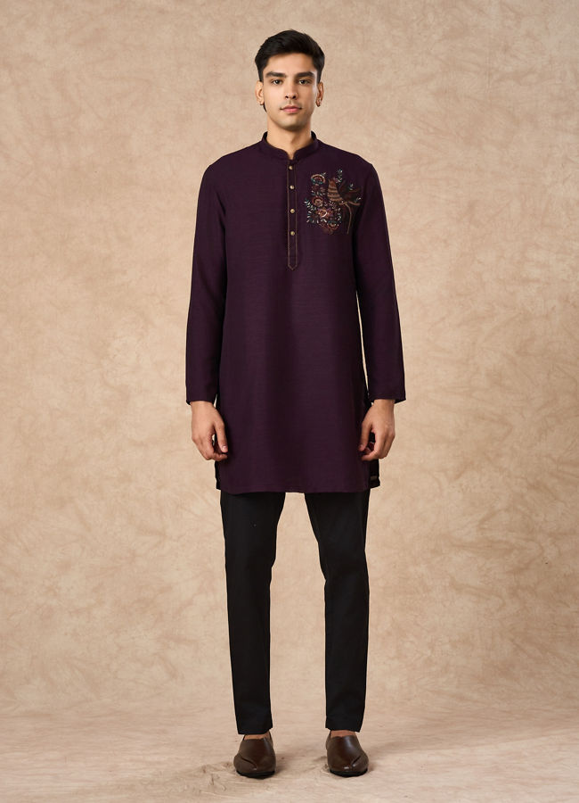 Manyavar Men Purple Art Silk Kurta Pant with Embroidery