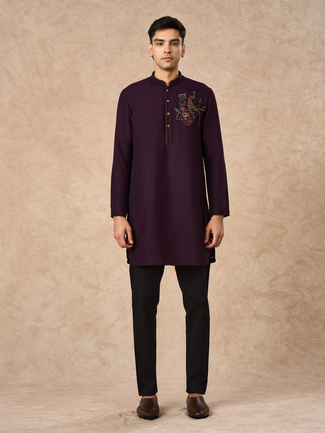 Manyavar Men Purple Art Silk Kurta Pant with Embroidery