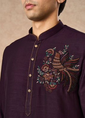 Manyavar Men Purple Art Silk Kurta Pant with Embroidery