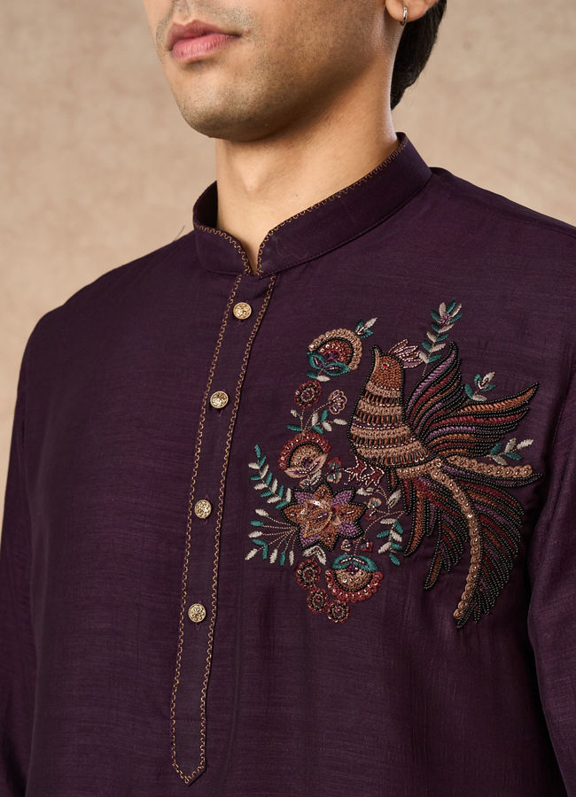 Manyavar Men Purple Art Silk Kurta Pant with Embroidery