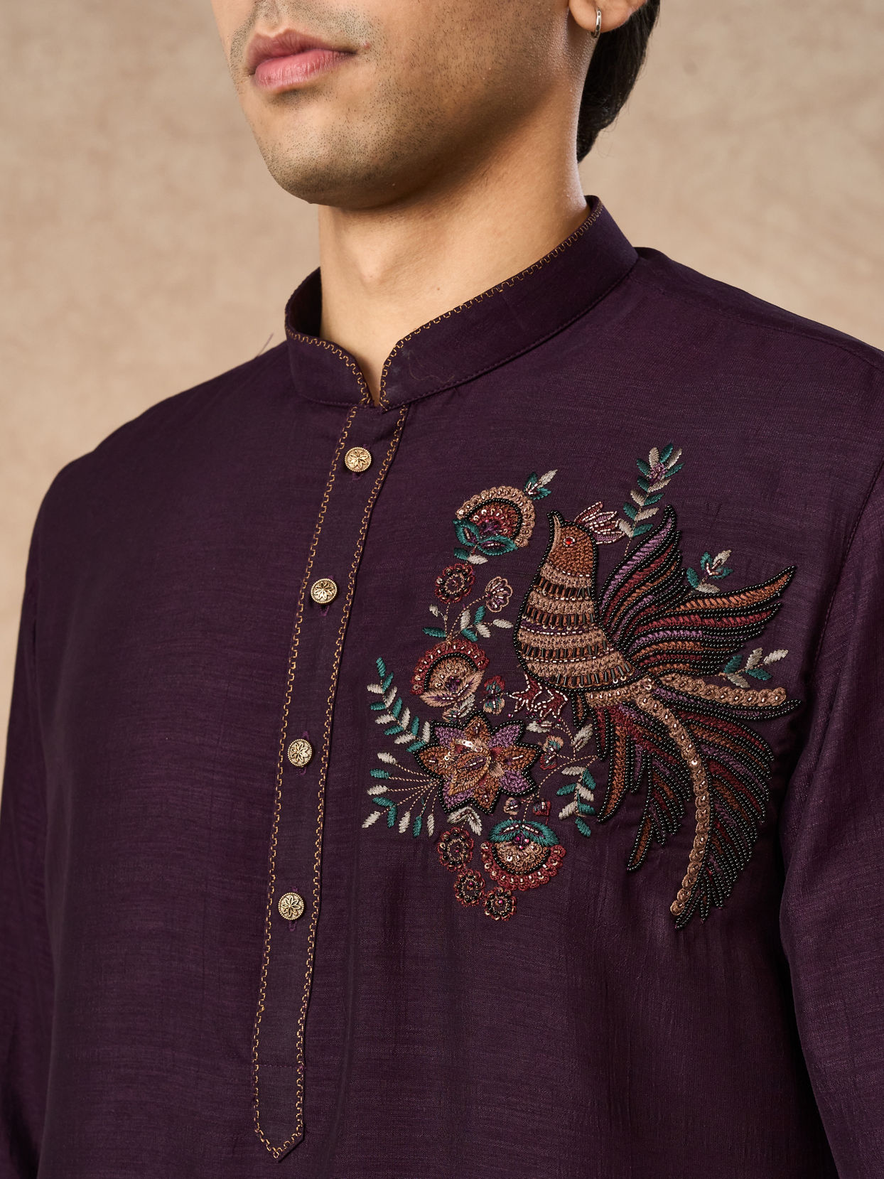 Manyavar Men Purple Art Silk Kurta Pant with Embroidery