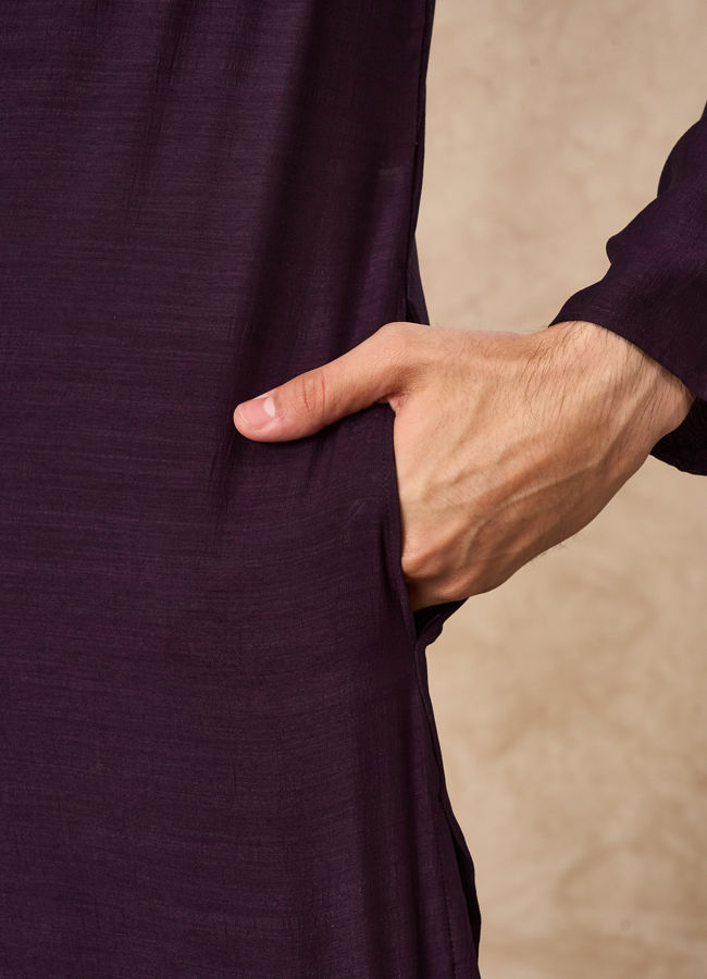 Manyavar Men Purple Art Silk Kurta Pant with Embroidery