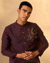 Manyavar Men Purple Silk Kurta Pant with Embroidery