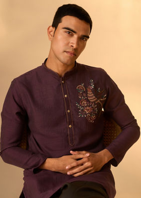 Manyavar Men Purple Silk Kurta Pant with Embroidery