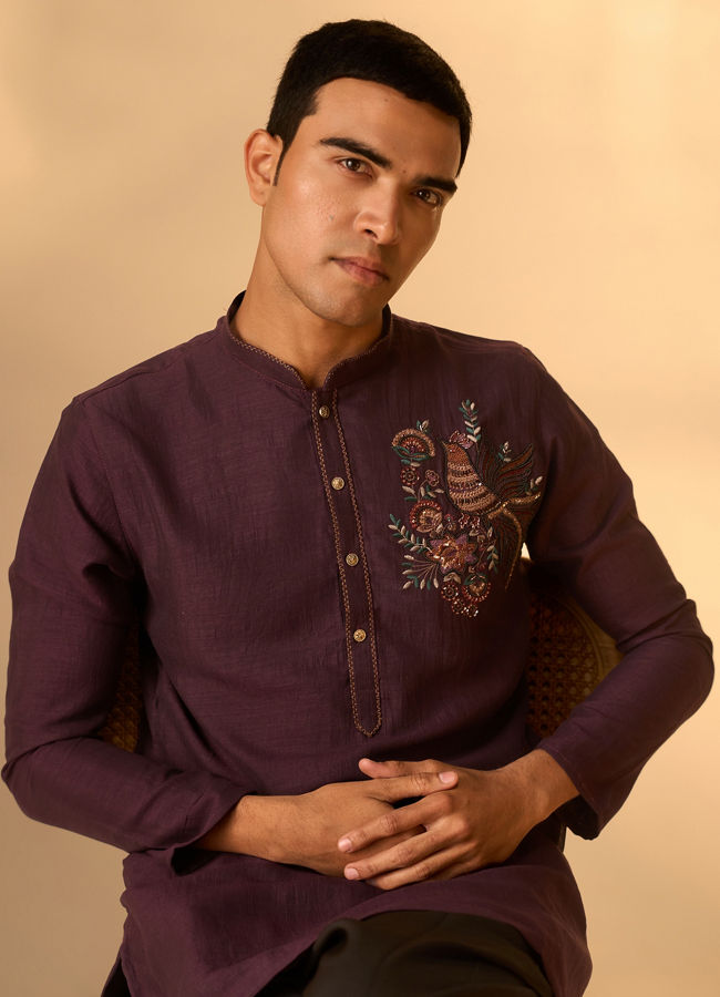 Manyavar Men Purple Silk Kurta Pant with Embroidery
