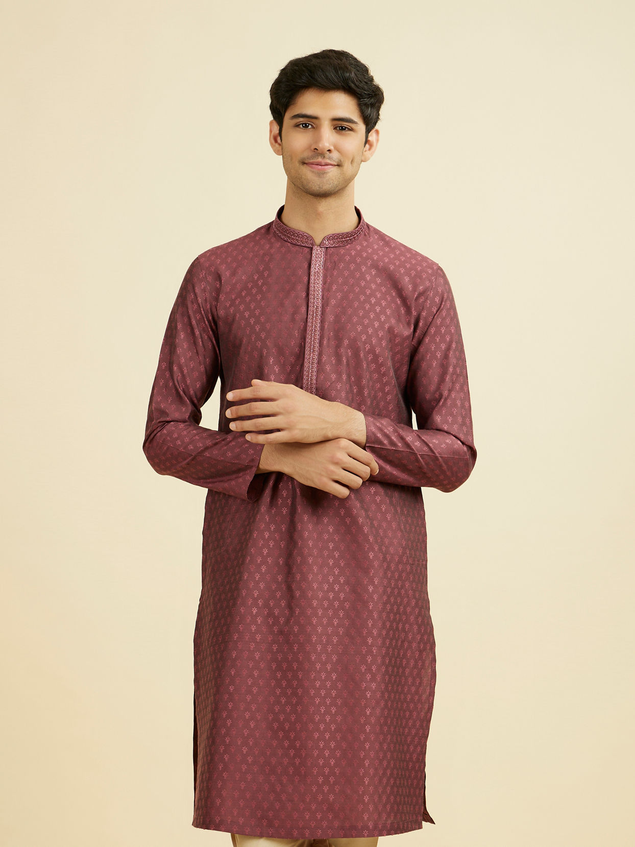 Manyavar Men Antique Pink Blended Viscose Embroidered Kurta Pajama Set