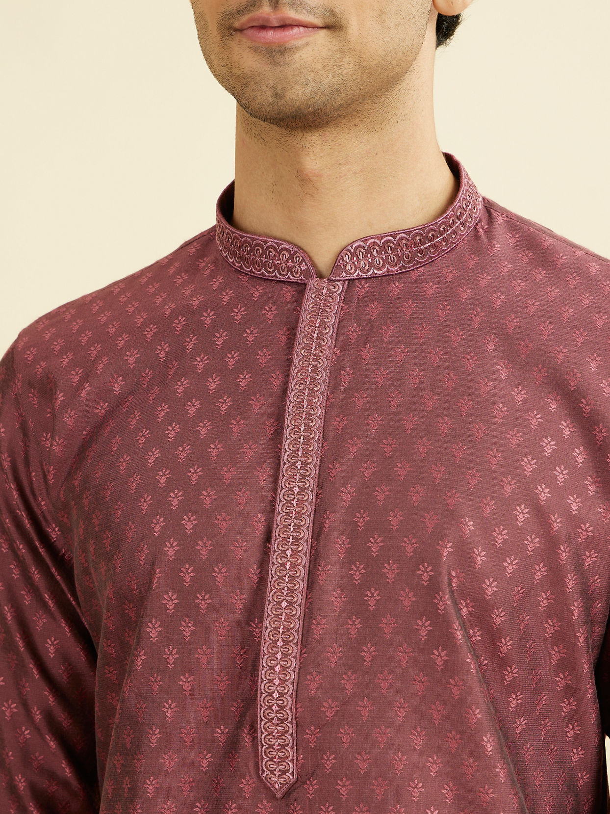 Manyavar Men Antique Pink Blended Viscose Embroidered Kurta Pajama Set
