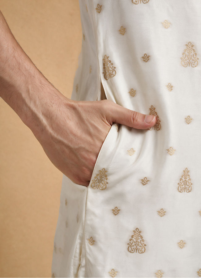 Manyavar Men Cream Silk Kurta Pajama with Self-Texture