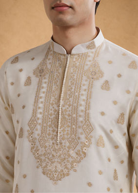 Manyavar Men Cream Silk Kurta Pajama with Self-Texture