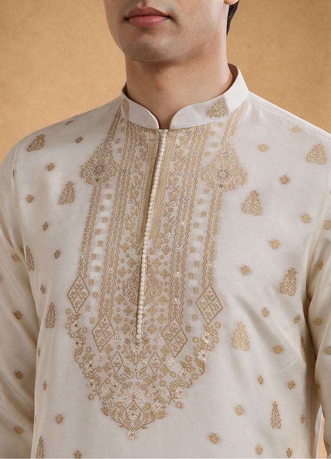 Manyavar Men Cream Silk Kurta Pajama with Self-Texture