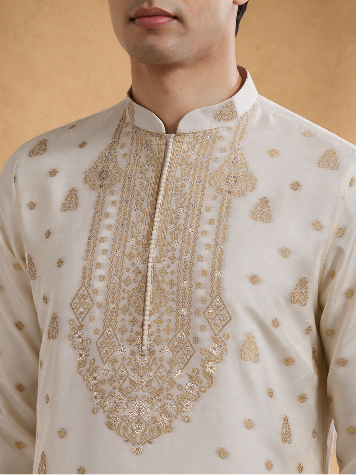 Manyavar Men Cream Silk Kurta Pajama with Self-Texture