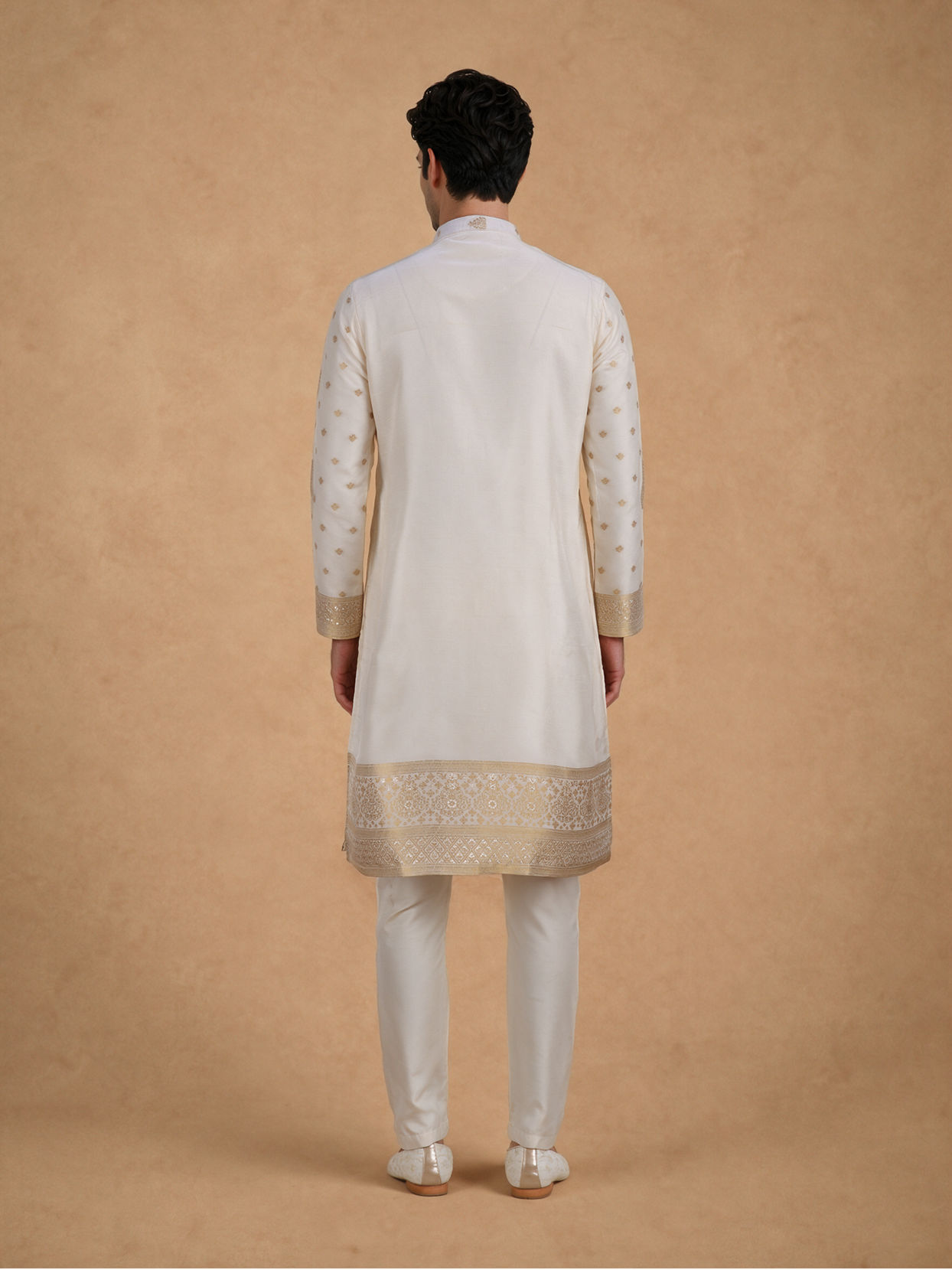 Manyavar Men Cream Silk Kurta Pajama with Self-Texture