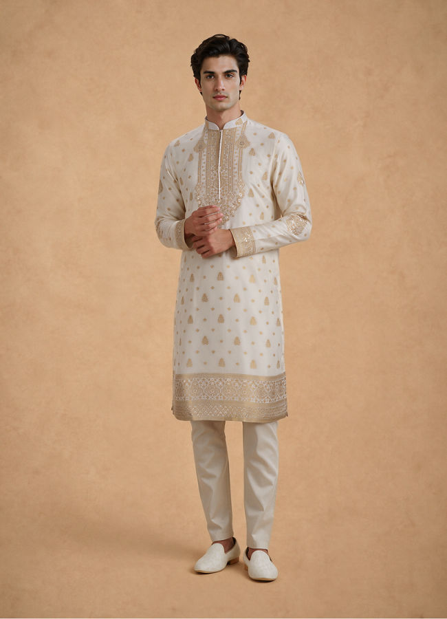 Manyavar Men Cream Silk Kurta Pajama with Self-Texture