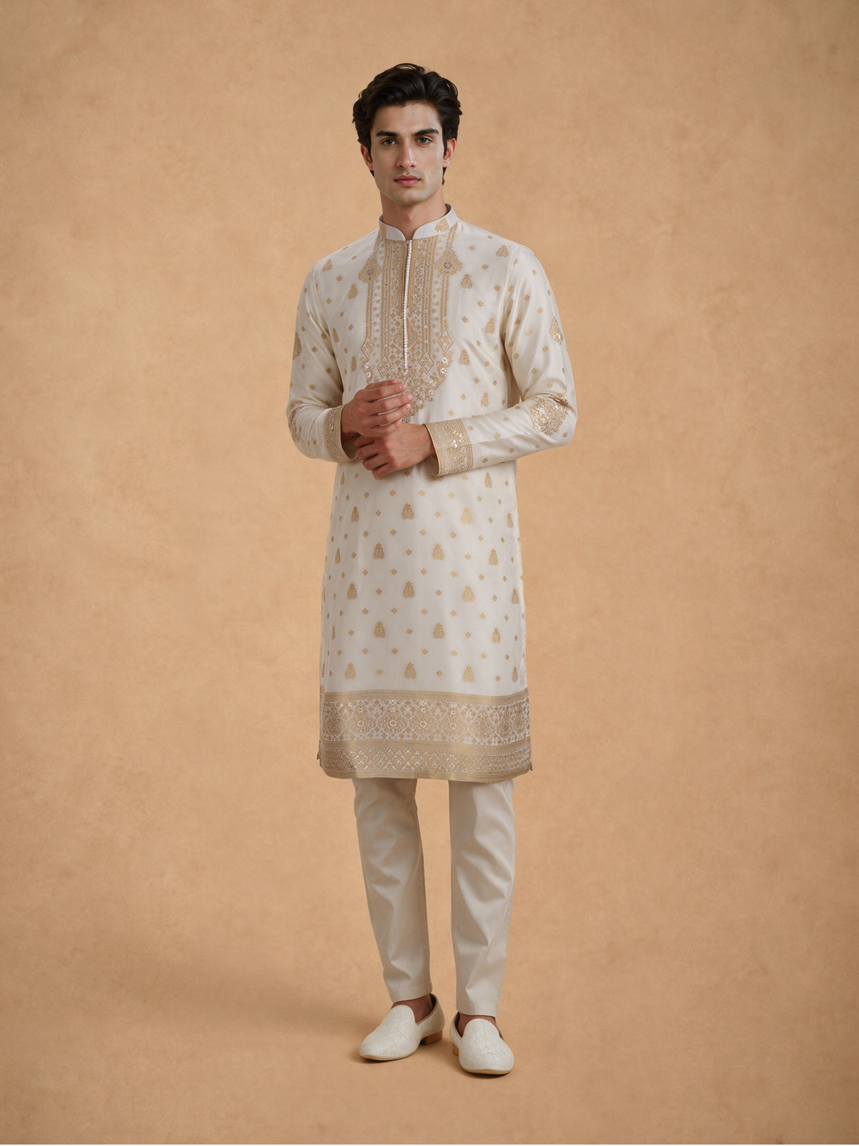 Manyavar Men Cream Silk Kurta Pajama with Self-Texture