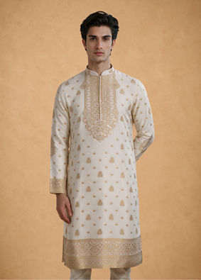 Manyavar Men Cream Silk Kurta Pajama with Self-Texture
