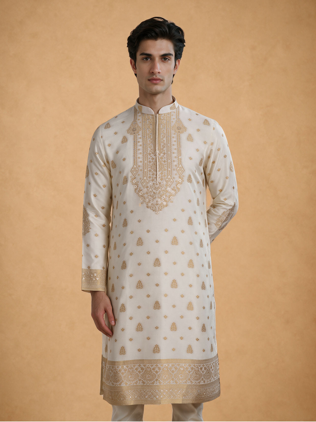 Manyavar Men Cream Silk Kurta Pajama with Self-Texture