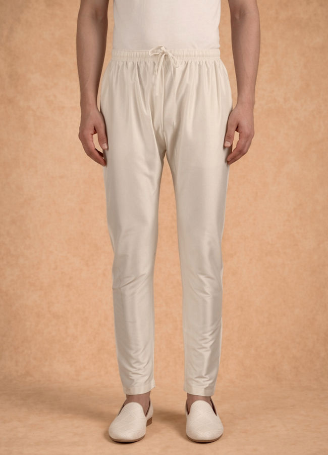 Manyavar Men Cream Silk Kurta Pajama with Self-Texture