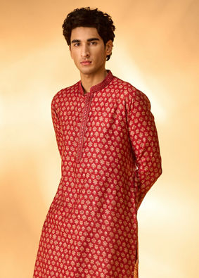 Manyavar Men Red Blended Viscose Printed Kurta Pajama Set
