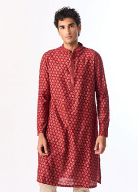 Manyavar Men Red Blended Viscose Printed Kurta Pajama Set