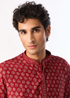 Manyavar Men Red Blended Viscose Printed Kurta Pajama Set