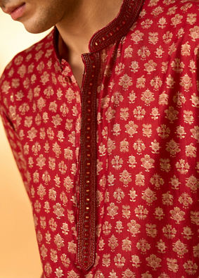 Manyavar Men Red Blended Viscose Printed Kurta Pajama Set