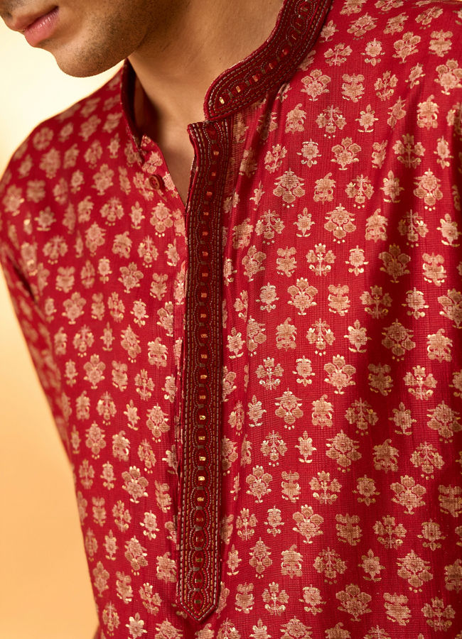Manyavar Men Red Blended Viscose Printed Kurta Pajama Set