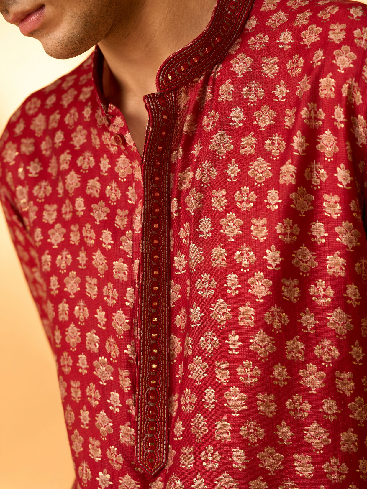 Manyavar Men Red Blended Viscose Printed Kurta Pajama Set