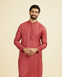 Manyavar Men Red Blended Viscose Printed Kurta Pajama Set