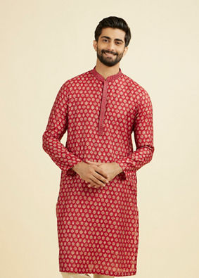 Manyavar Men Red Blended Viscose Printed Kurta Pajama Set