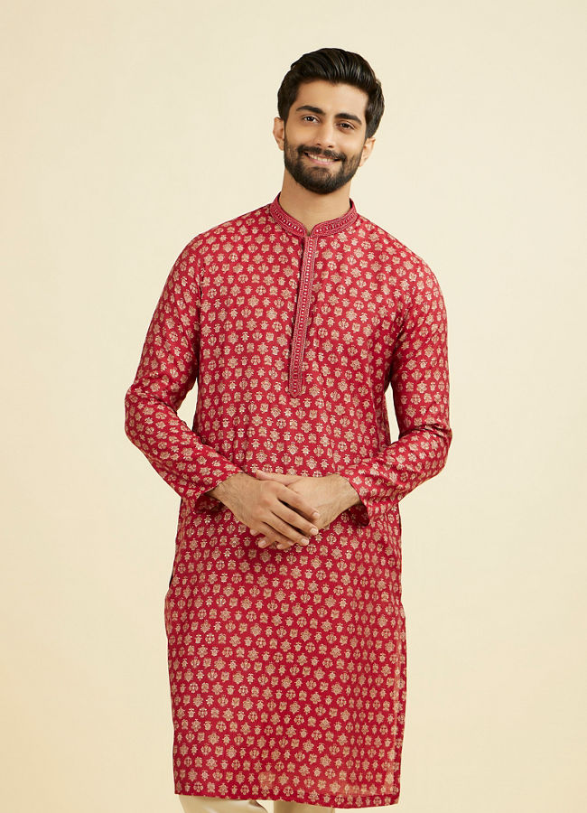 Manyavar Men Red Blended Viscose Printed Kurta Pajama Set