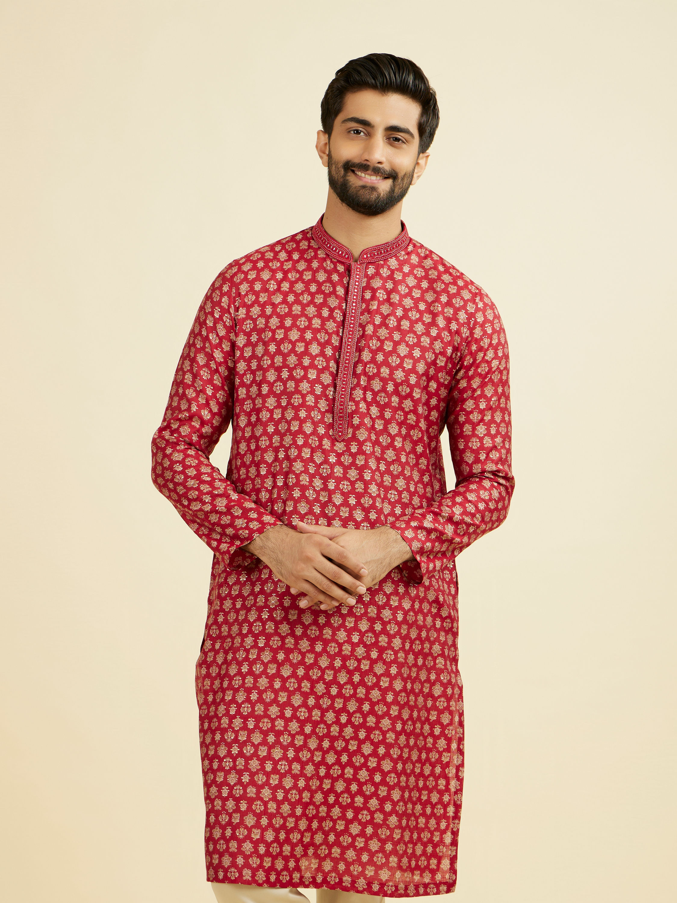 Manyavar Men Red Blended Viscose Printed Kurta Pajama Set