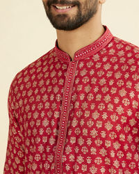Manyavar Men Red Blended Viscose Printed Kurta Pajama Set