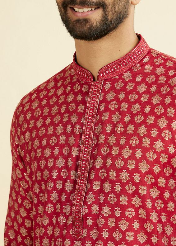 Manyavar Men Red Blended Viscose Printed Kurta Pajama Set