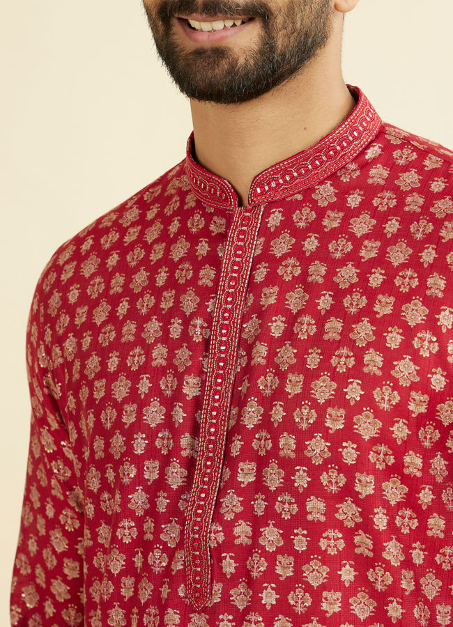 Manyavar Men Red Blended Viscose Printed Kurta Pajama Set