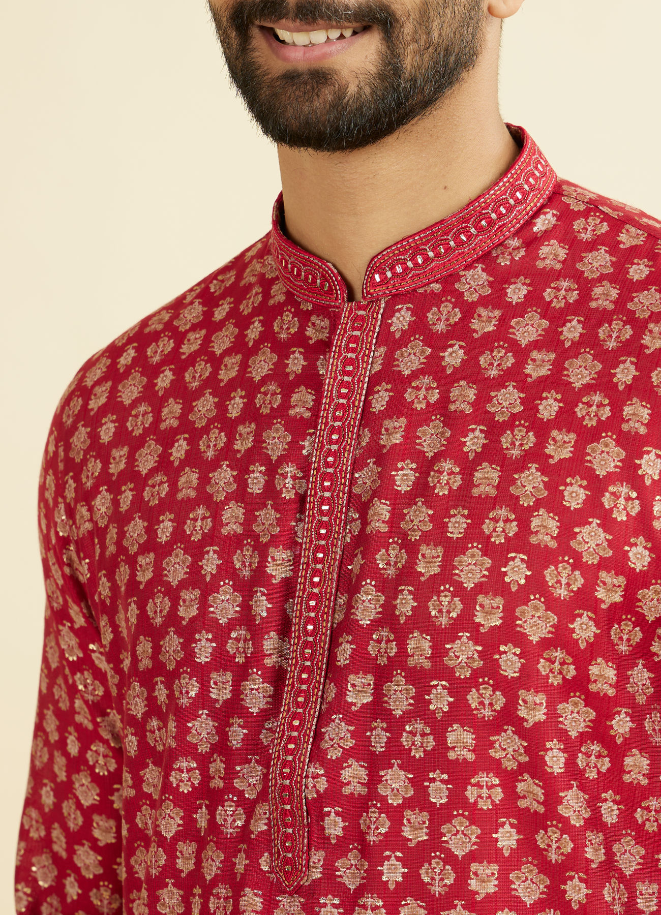 Manyavar Men Red Blended Viscose Printed Kurta Pajama Set