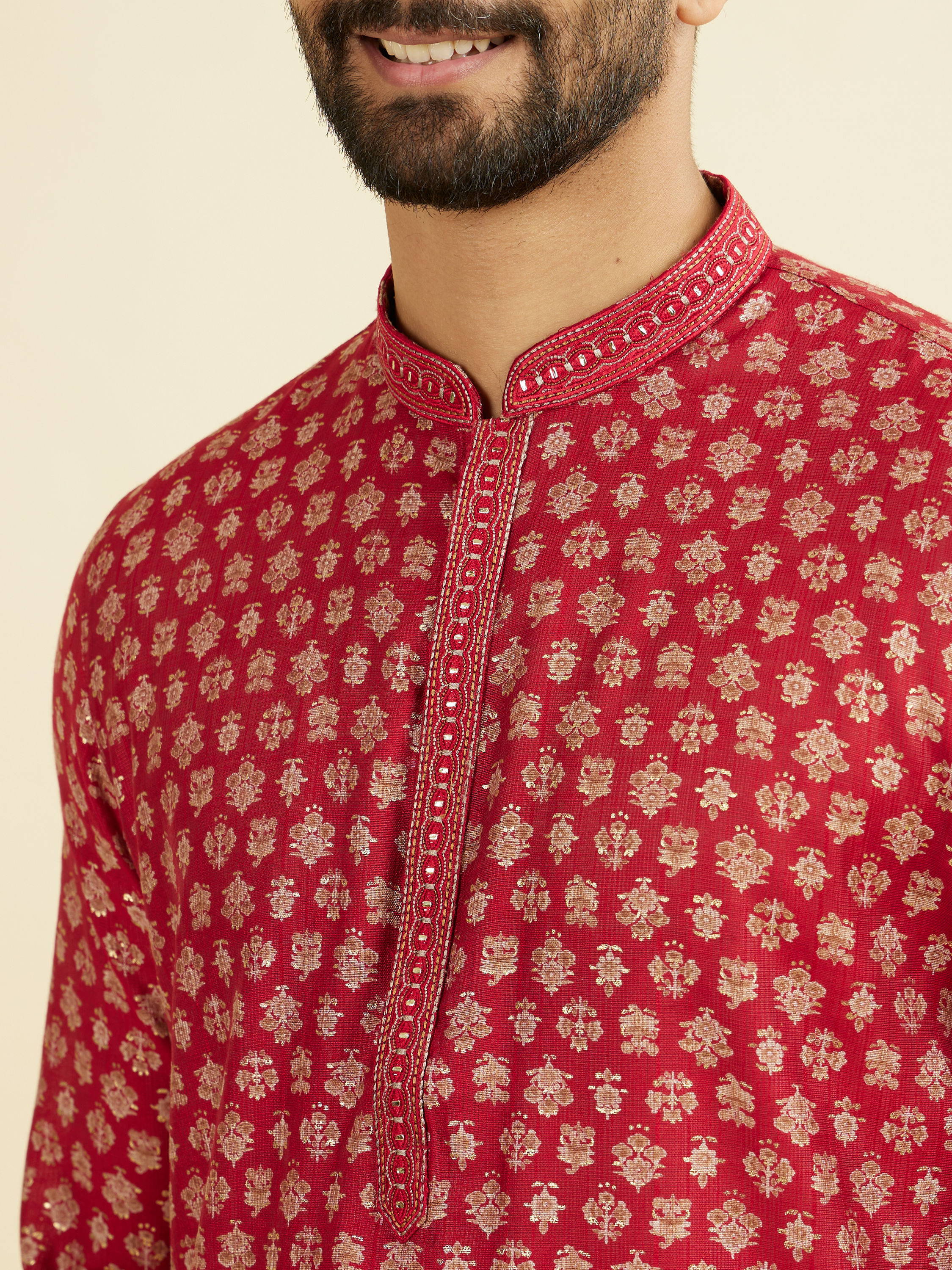 Manyavar Men Red Blended Viscose Printed Kurta Pajama Set