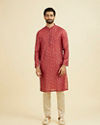 Manyavar Men Red Blended Viscose Printed Kurta Pajama Set