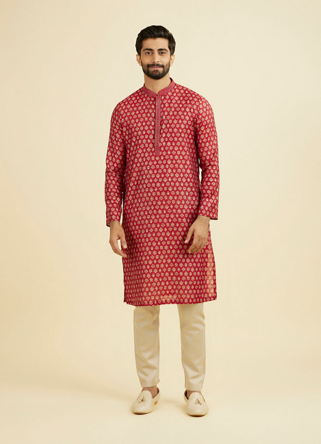 Manyavar Men Red Blended Viscose Printed Kurta Pajama Set