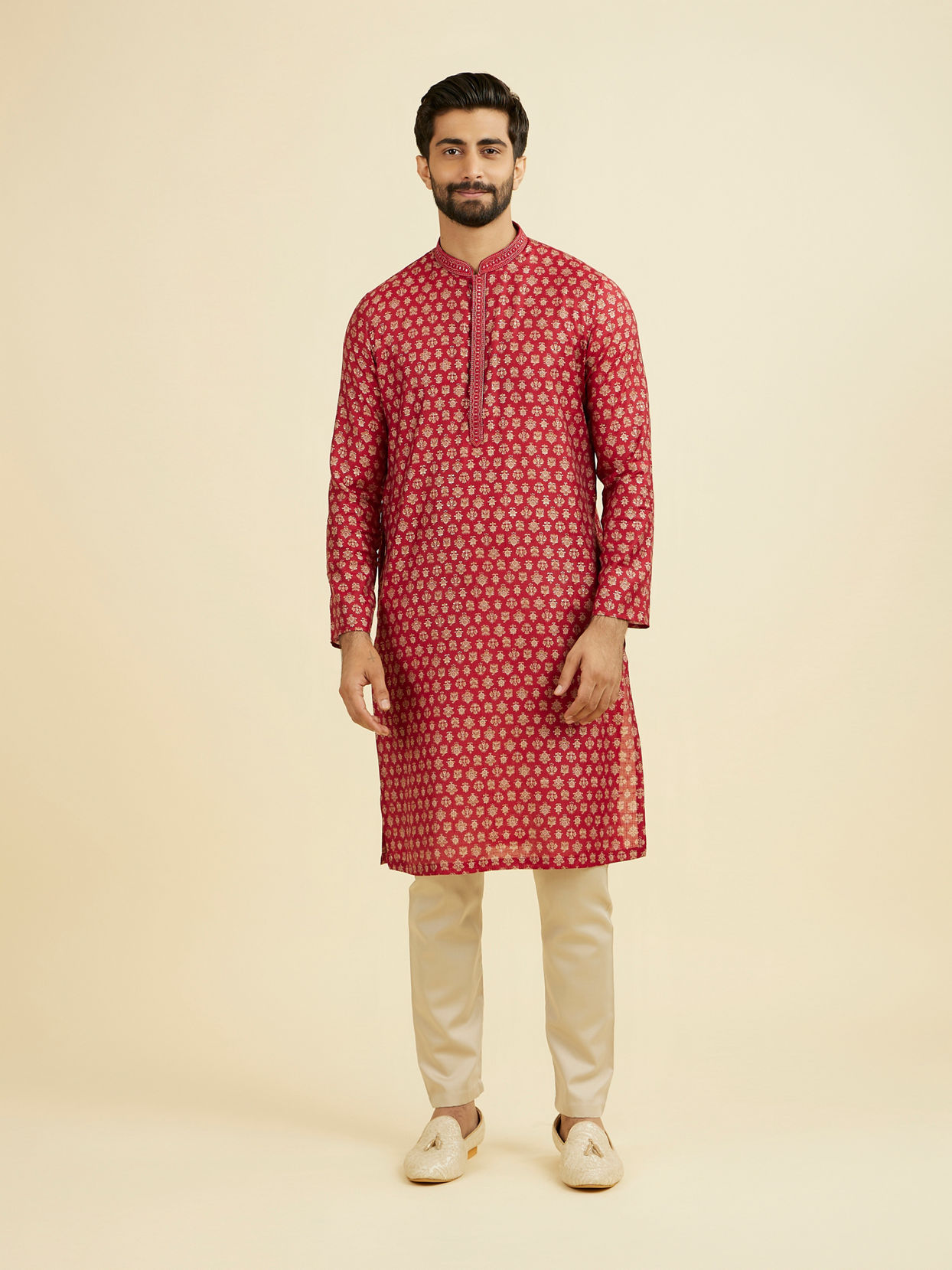 Manyavar Men Red Blended Viscose Printed Kurta Pajama Set