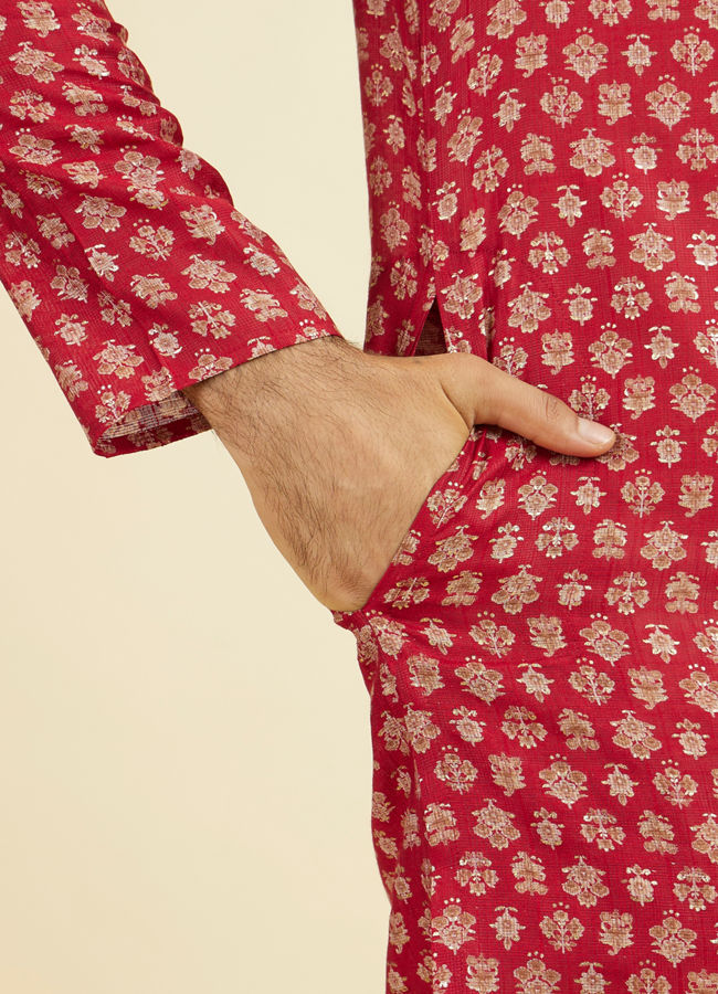 Manyavar Men Red Blended Viscose Printed Kurta Pajama Set