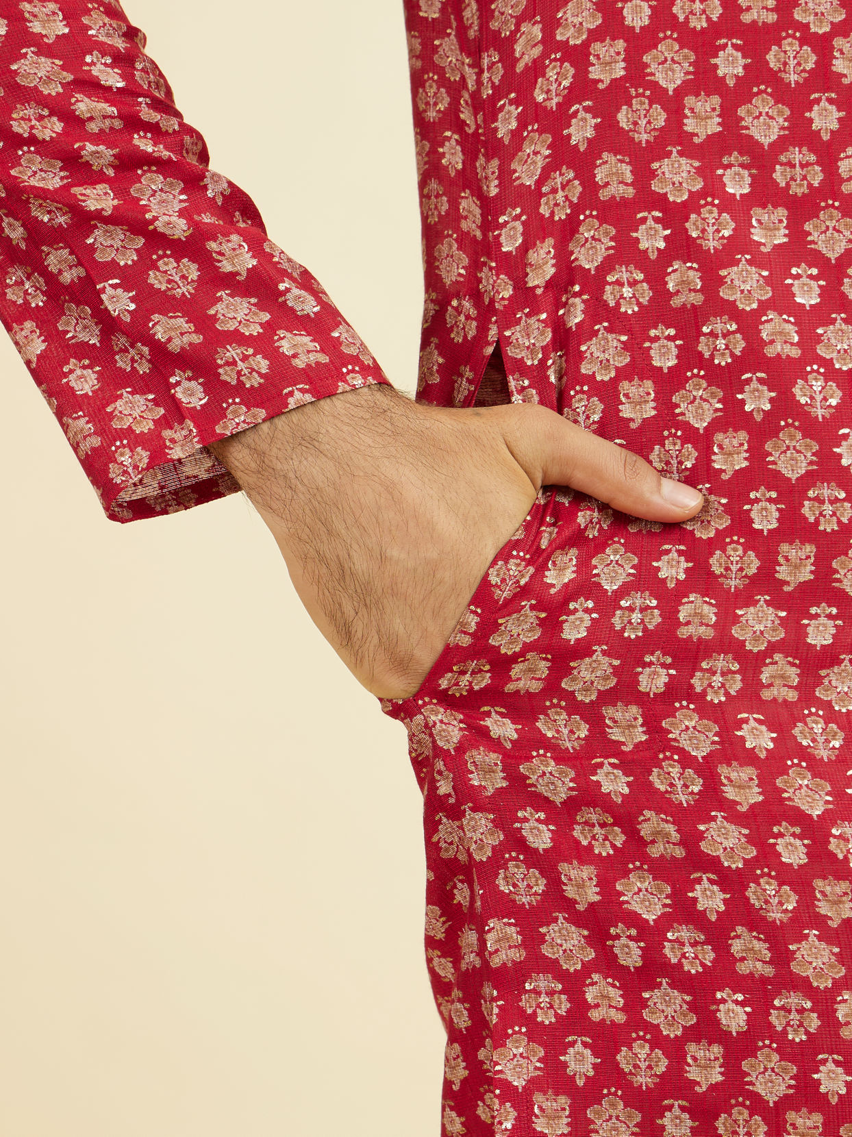 Manyavar Men Red Blended Viscose Printed Kurta Pajama Set