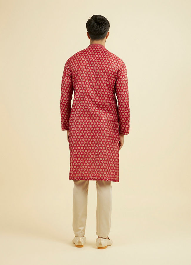 Manyavar Men Red Blended Viscose Printed Kurta Pajama Set