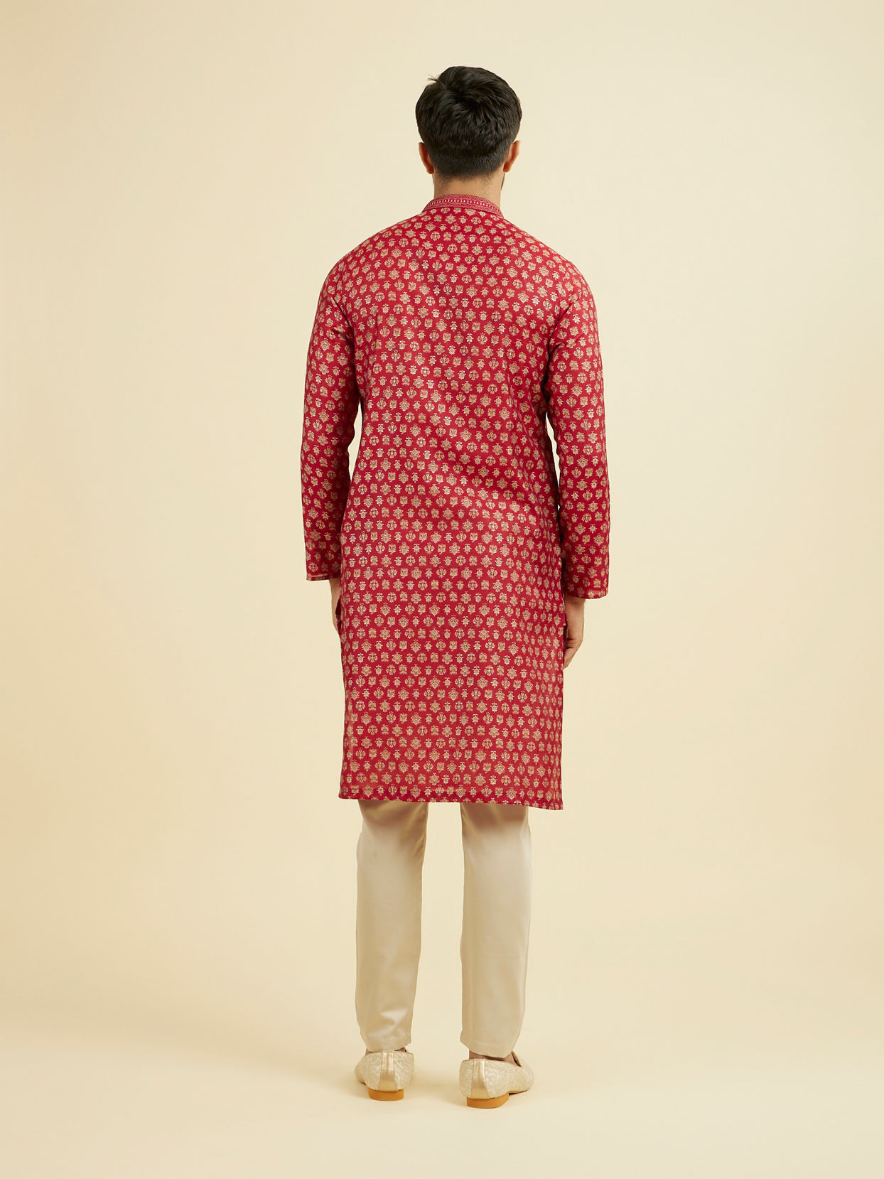 Manyavar Men Red Blended Viscose Printed Kurta Pajama Set
