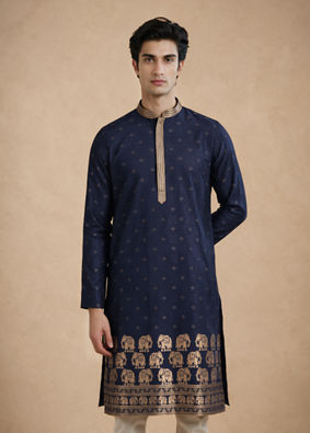 Manyavar Men Blue Self-Textured Blended Viscose Kurta Pajama Set