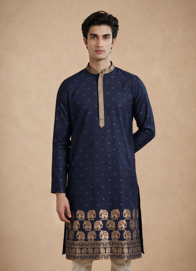 Manyavar Men Blue Self-Textured Blended Viscose Kurta Pajama Set