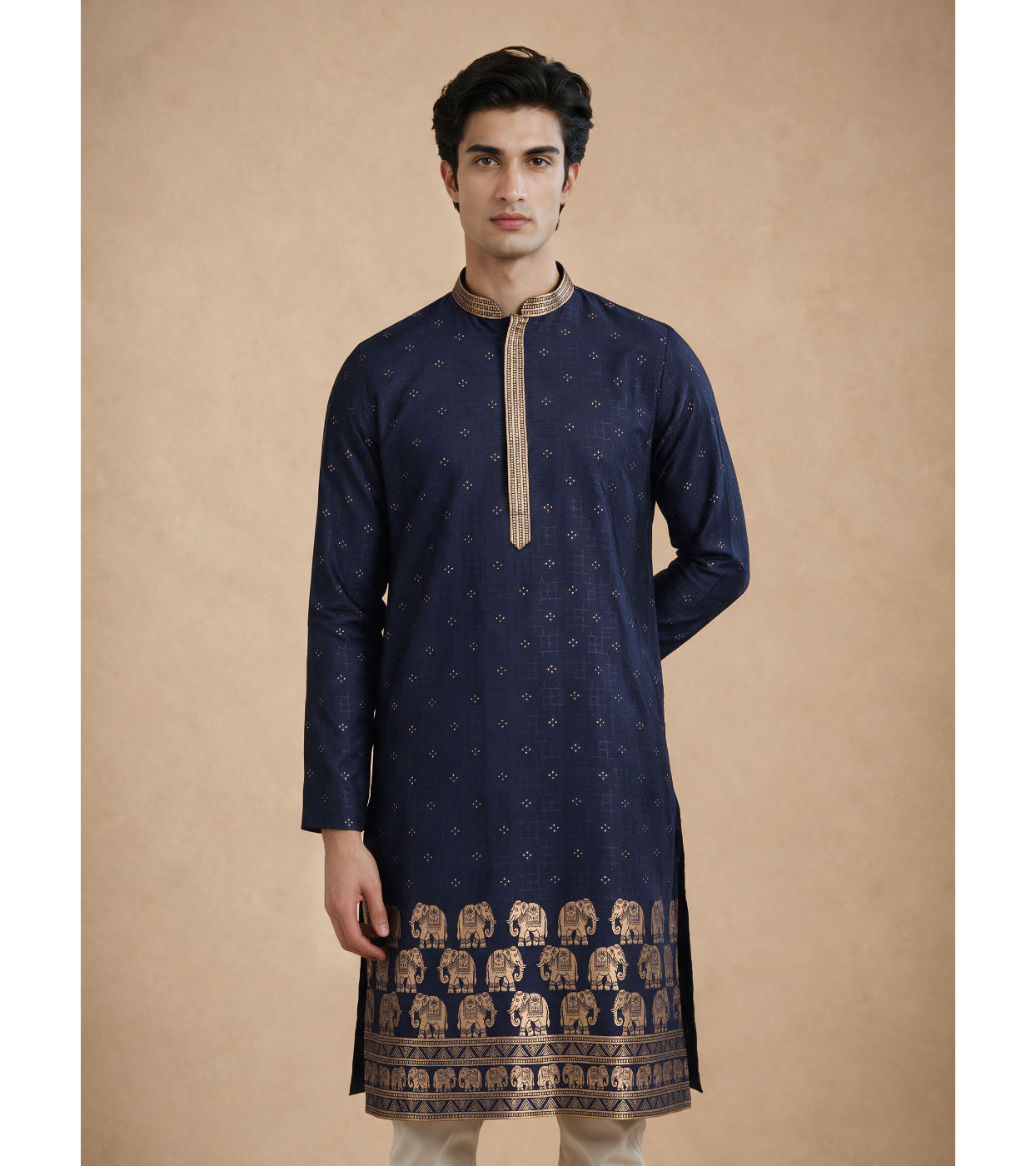 Manyavar Men Blue Self-Textured Blended Viscose Kurta Pajama Set