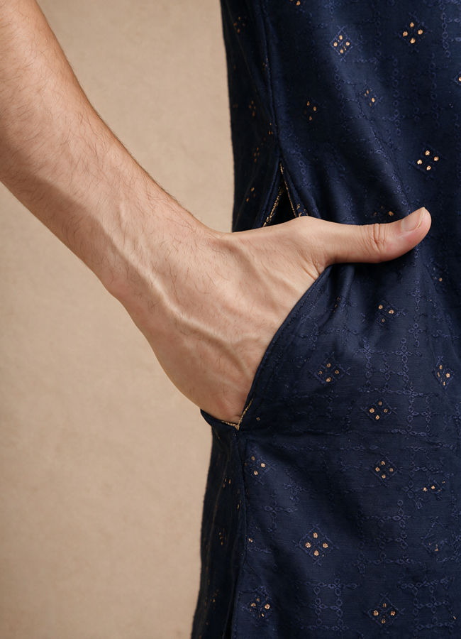 Manyavar Men Blue Self-Textured Blended Viscose Kurta Pajama Set