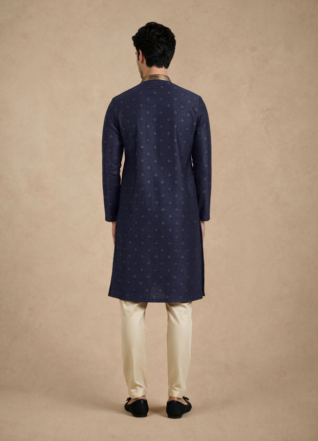 Manyavar Men Blue Self-Textured Blended Viscose Kurta Pajama Set
