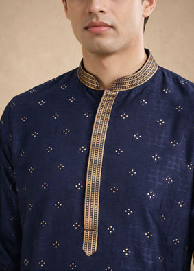 Manyavar Men Blue Self-Textured Blended Viscose Kurta Pajama Set